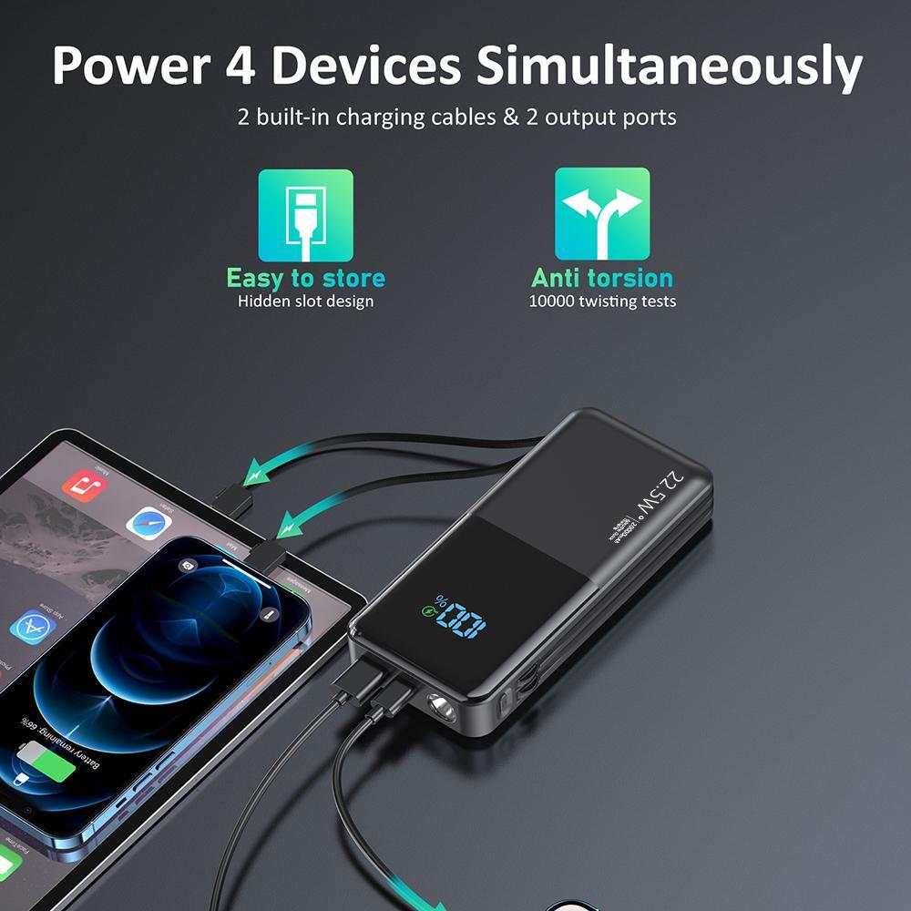 Portable Charger, 20000mAh SCP 22.5W & PD20W Fast Charging Phone Charger, Built-in Detachable USB-C & iOS Output Cable, Power Bank for iPhone Android Samsung
