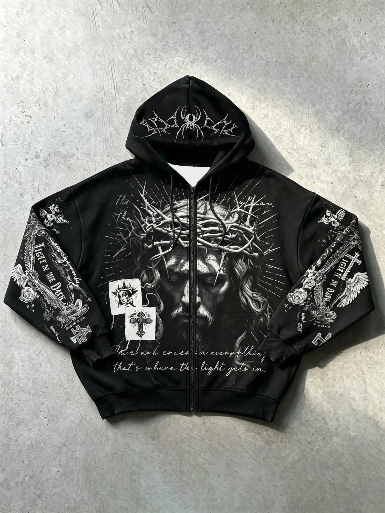 Men's Jesus Print Hoodie Jacket, Drawstring Hat Zipper Sweatshirt, Casual Streetwear for Outdoor Shopping, Daily Commute, Weekend Outing