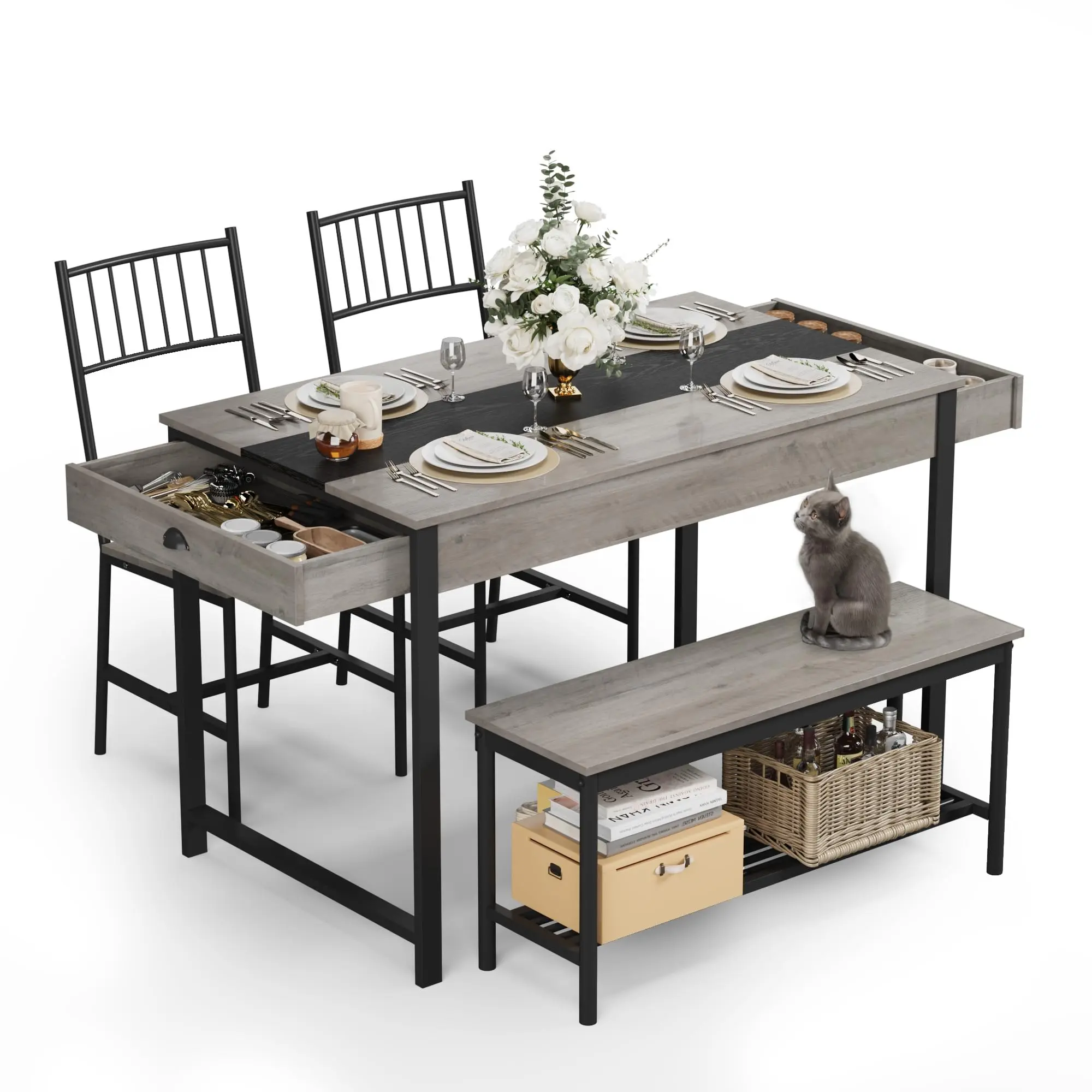 Upgraded Aesthetic Dining Table with Storage Drawers Set for 4, Small Kitchen Table and 2 Chairs & 1 Bench, Ideal Breakfast Nook Rectangular Farmhouse Table Set, Space Saving Kitchen Table Chairs, for Dining Room/Restaurant/Outdoor Indoor Dining Area
