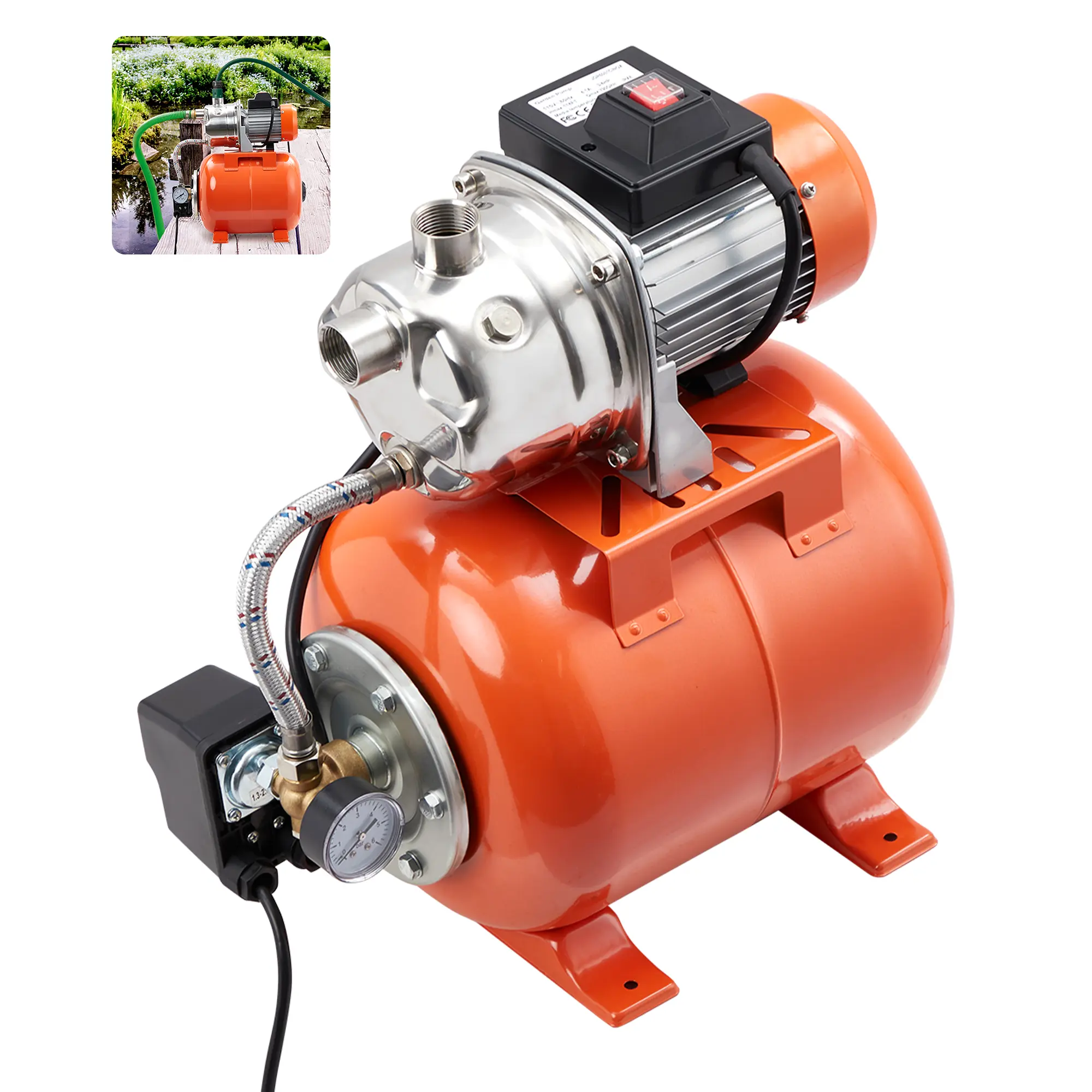 3/4 HP Shallow Well Jet Pump with Pressure Tank, 790 GPH Stainless Steel Irrigation Pump, Automatic Pressure Switch 19-38 psi, 130 ft Max Head, 20 ft Suction Lift, Portable Water Booster Pump for Home, Farm, Garden, Lawn Watering & Car Washing