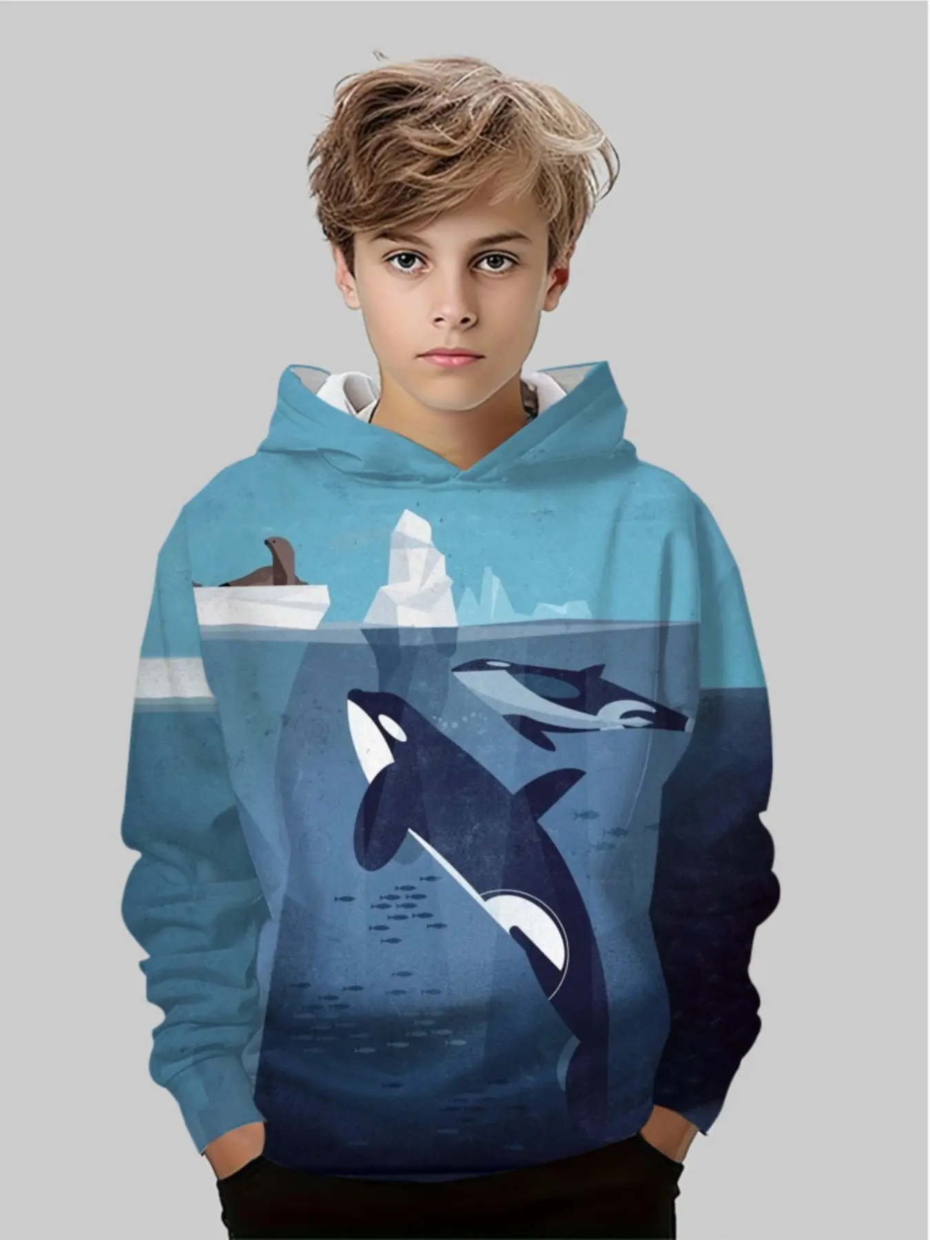 Whale Ocean Pattern Hoodie for Boys, 3D Print Casual Sweatshirt, Long Sleeve Loose-Fit, Spring & Fall Fashion, Kids' Outerwear