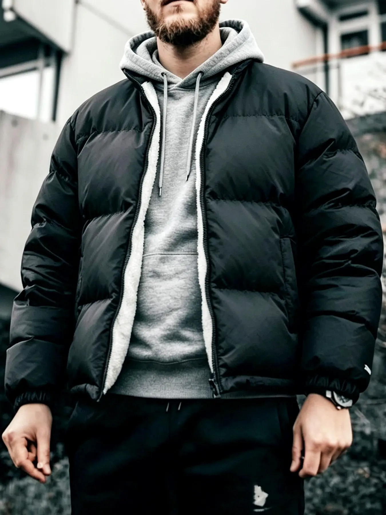 1 Piece Men Thermal Sherpa Lined Stand Collar Puffer Jacket, Casual American Utility Style, Adjustable Elastic Cuffs, Deep Side Hand Pockets, Water Repellent Surface, Warm Thick Outerwear for Daily Commute Hunting Camping Farm Daily Outing