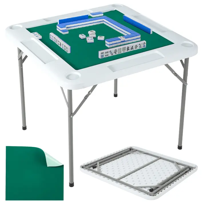 Mahjong Table 35 x 35inch, 4 Player Folding Domino Table with Wear-Resistant Green Tabletop, Portable Square Card Desk with Cup Holders & Chip Trays for Mahjong Poker Puzzles