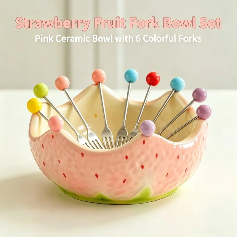 Cute Crown Strawberry Ceramic Fruit Bowl Set, Pink Serving Bowl with 6 Color Ball Stainless Steel Fruit Forks, Dessert Snack Bowl for Home Table Decor, Party Fruit Salad Serving Dish