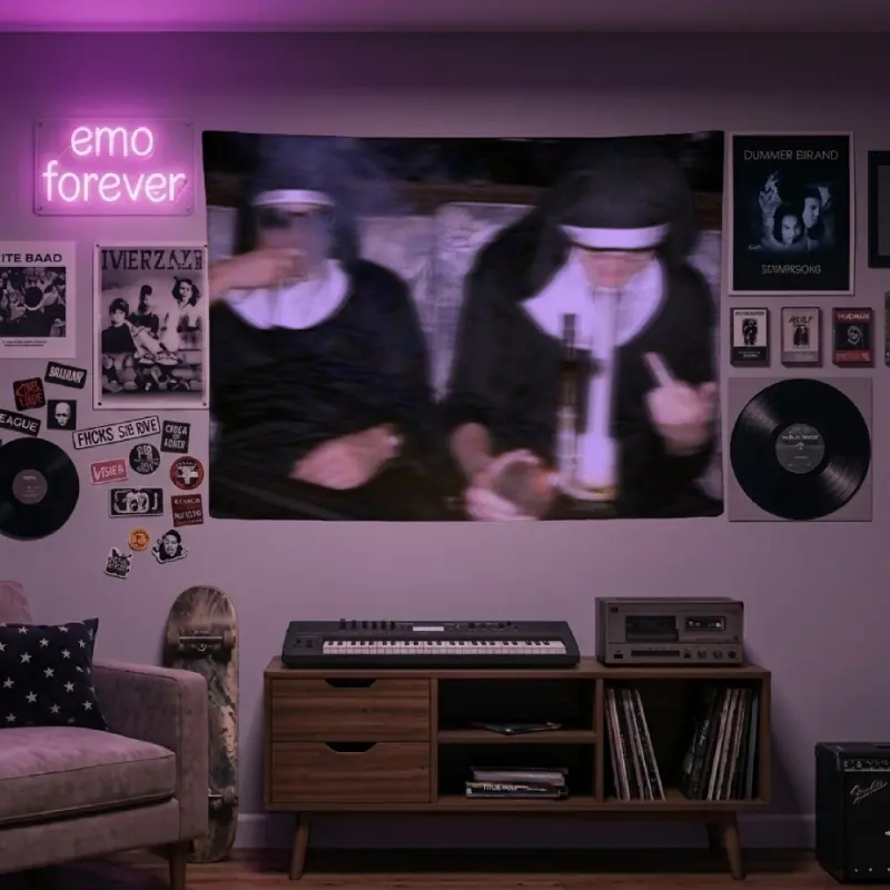 Smoking Nuns Blurry Motion Decorative Tapestry Funny Bad Habits Meme Wall Hanging Trippy Stoner 420 Aesthetic Gritty Dark Room Decoration Living Room Wall Decor Goth Home Decor Dorm Background Banner Poster