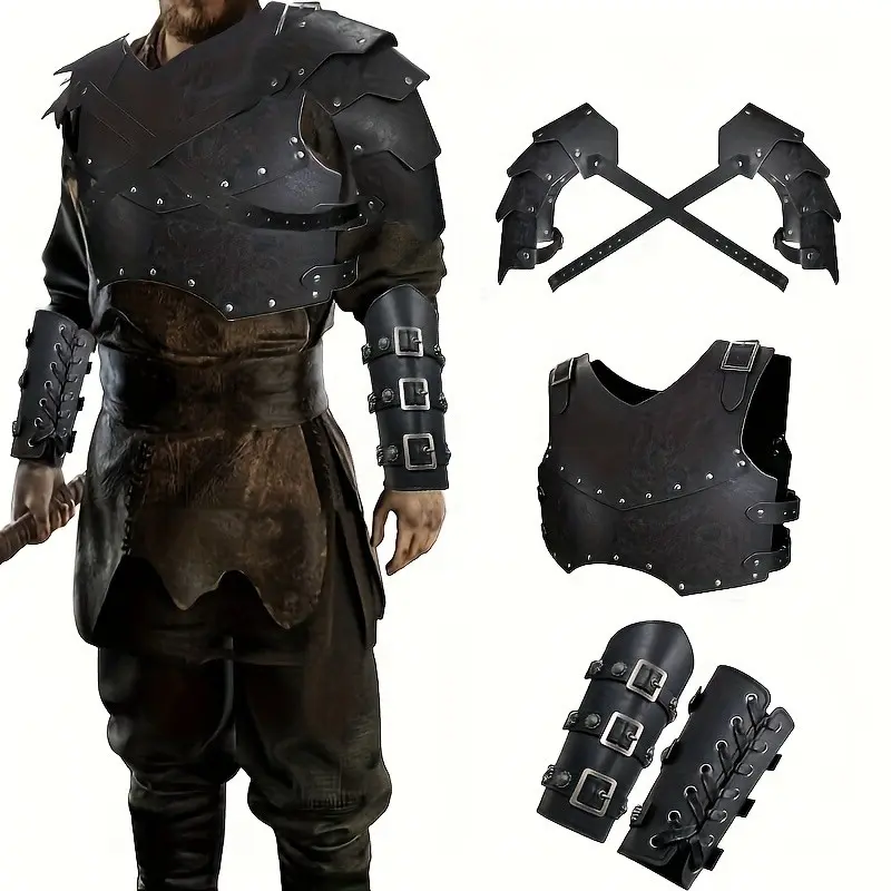 Medieval Warrior Costume Set, Viking Knight Style, Adjustable PU Leather Chest Armor + Shoulder Pads + Wrist Guards, Cosplay, Party, Club