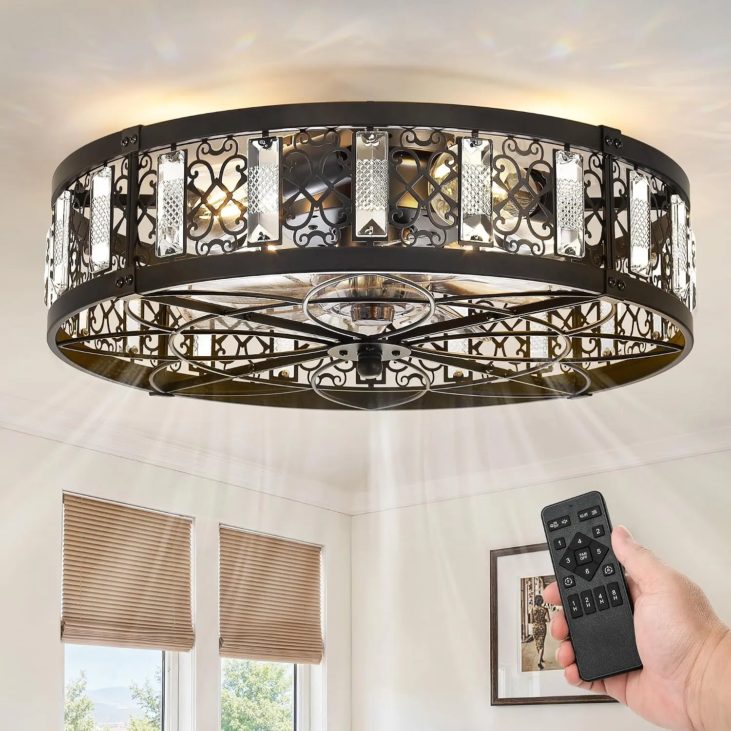 20" Caged Flush Mount  Ceiling Fan and Remote, Black | Low Profile, Bladeless Enclosed Fandelier, 6 Speed, Quiet Reversible DC, Rustic, Victorian, Rustic, , Bedroom, Kitchen