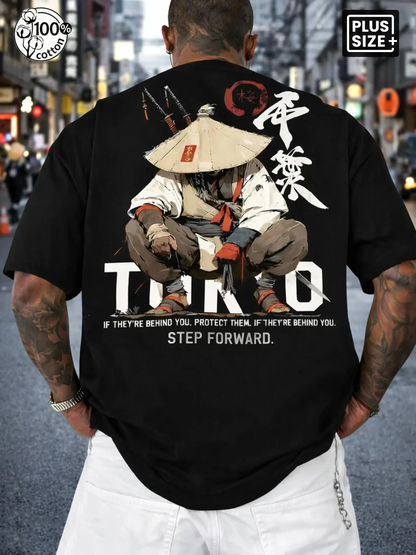Men's Plus Size 100% Cotton Tokyo Samurai Ronin Graphic Oversized T-Shirt, Japanese Streetwear Short Sleeve Crew Neck Tee For Summer Daily Wear