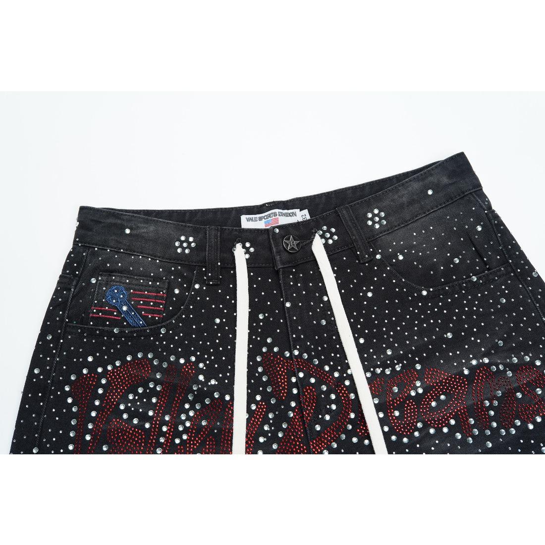 Full Rhinestone Shining Vintage Washed Baggy Denim Shorts Harajuku Y2K Streetwear Letter Embroidery Bling Diamond Loose Knee Length Hip Hop Casual Trendy Sparkly Distressed Jeans Shorts For Men Unisex