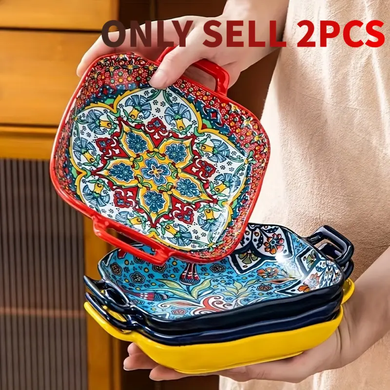 2PCS Bohemian Ceramic Square Plate 9-inch Double Eared Square Plate Vegetable Plate Fruit Plate Noodle Plate Creative Home Salad Plate Kitchen Plates Can Enter Oven Microwave Oven