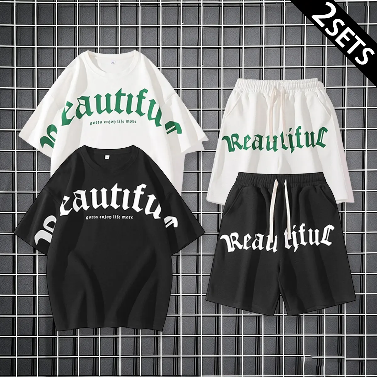Men's 2-Piece Casual Basics Shorts Set - Gothic Letter Print Crew Neck Athletic T-Shirt & Shorts, Preppy Vintage Streetwear for Summer Holiday Daily Wear, 2 Sets, Apricot+White (1 Set Each)