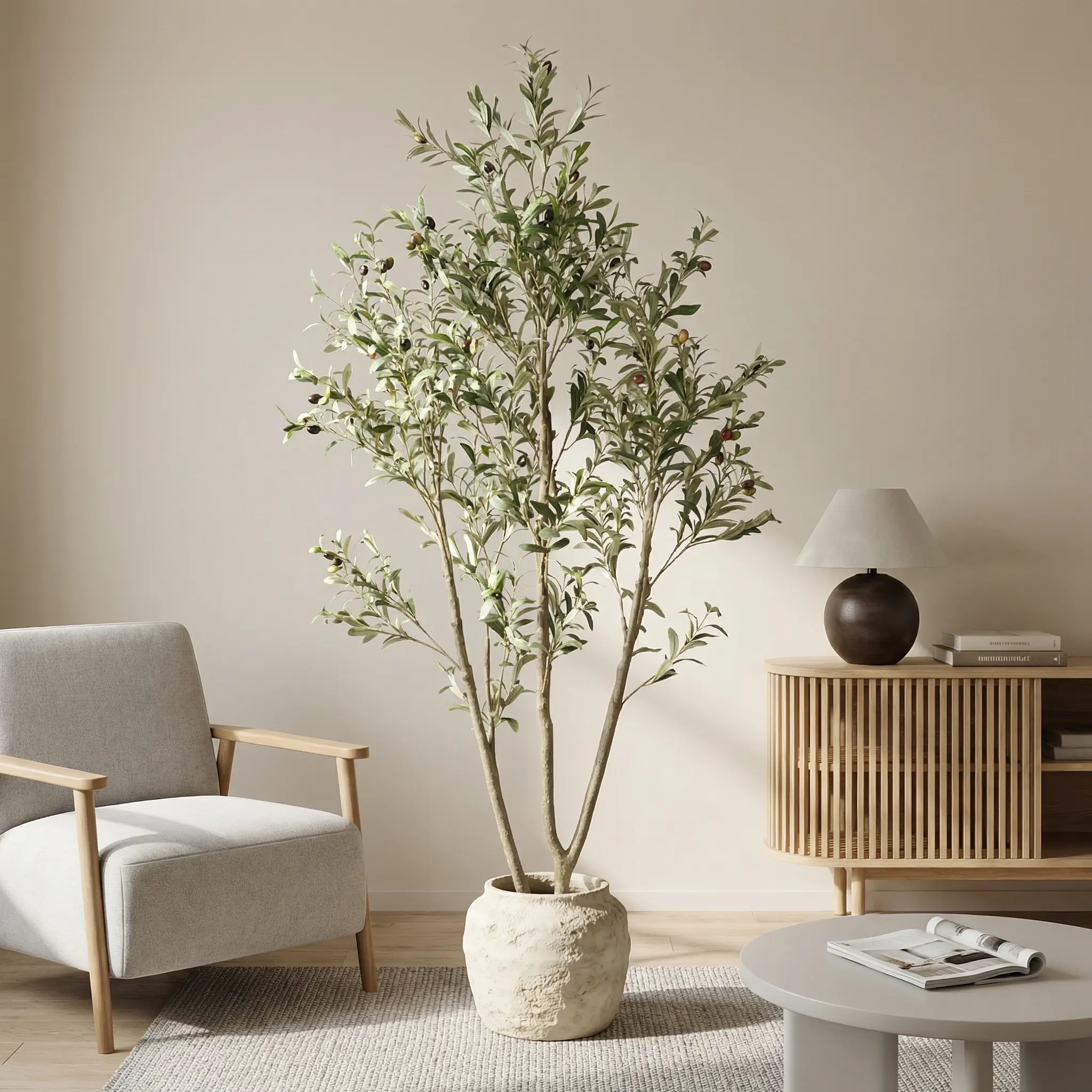 ARCH 6FT Decorative Artificial Olive Plant in Black Pot, Fabric Leaves, Plastic Trunk, Luxury Modern Style, Easy Care, 72in Tall, Green Leaf Option, Fabric+Plastic Material for Home Office Decor