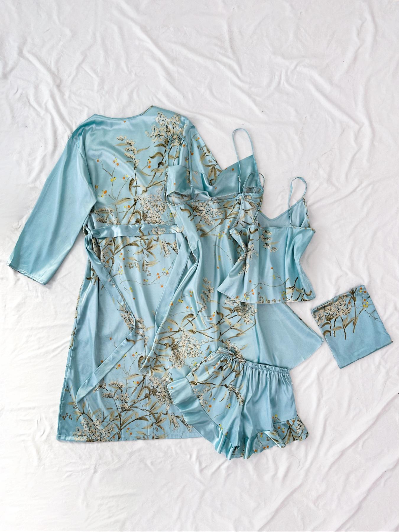 Women's Plant Print Satin Pajama Set with Belted Robe, Cowl Neck Cami Nightdress, Backless Cami Top, Elastic Waist Shorts & Storage Bag, Casual Comfortable Women's Sleepwear