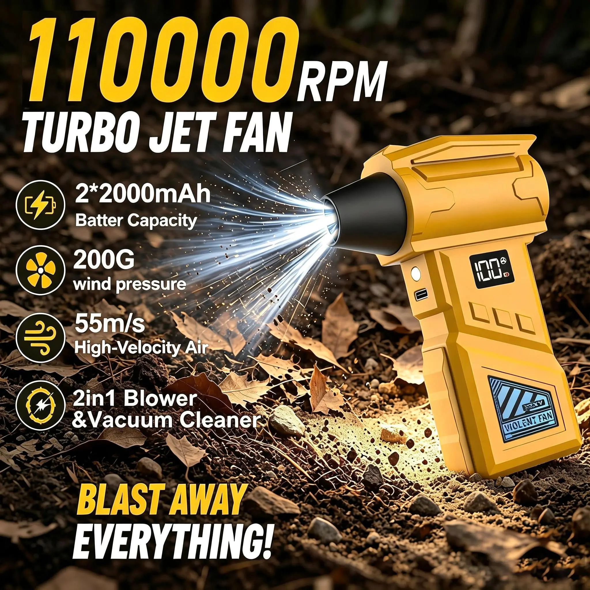 130000RPM Turbo Jet Fan Brushless Air Blower, 55m/s High Velocity 200G Wind Pressure Cordless Handheld Cleaner with LED Light Digital Display, Type-C Rechargeable for PC Keyboard Car Detailing Camping Home Outdoor Deep Cleaning