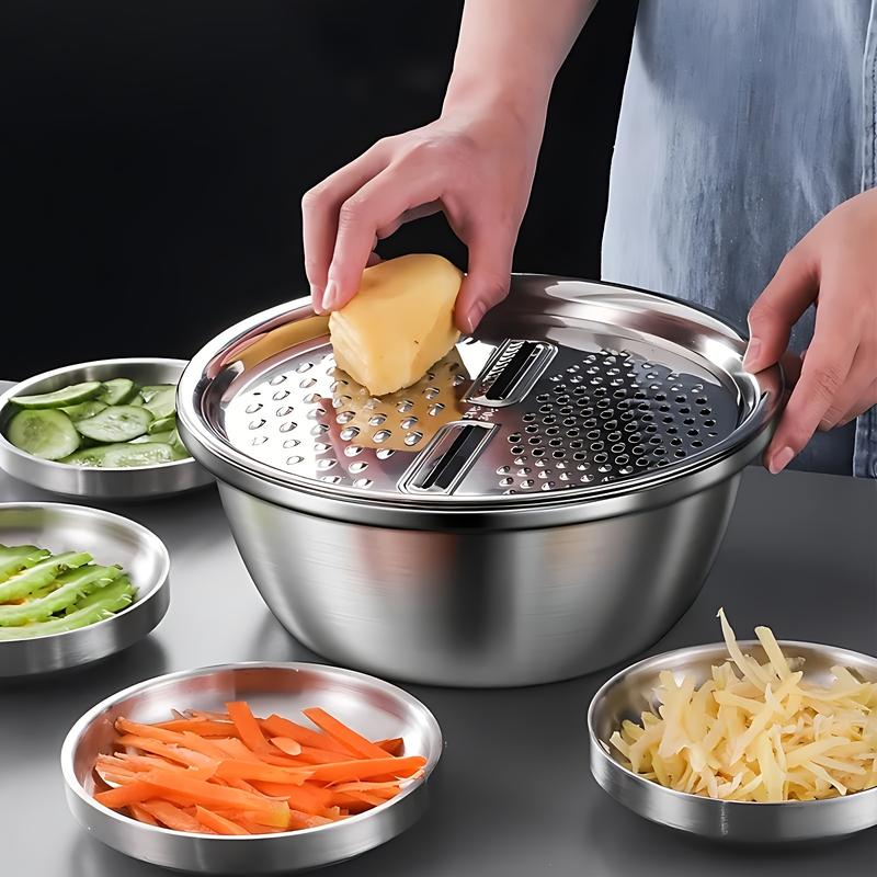 3 Piece Stainless Steel Kitchen Set with Integrated Grinder Multifunctional Strainer and Mixing Bowl Perfect for Cleaning Slicing Vegetables Fruits Cheese Safe Food Grade Design with Drainage System Ideal for Home Cooking and Kitchen Use