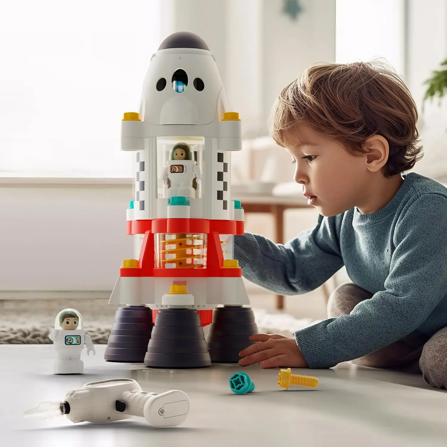 Rocket Outer Space Toys, Kids Spaceship Playset with Space Shuttle, Electric Drill, 2 Astronauts, Educational STEM Take Apart Adventure Gift for 3 4 5 6 7 8 Year Old Boy Girl