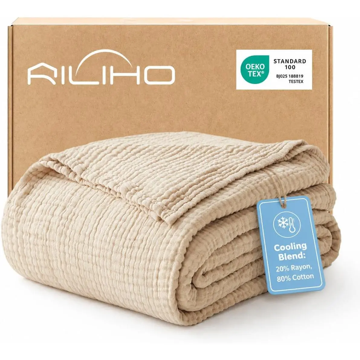 Cooling Muslin for Hot Sleepers, 20% Rayon Derived from Bamboo, 80% Cotton, Summer Blanket, 6-Layer Soft & Breathable Gauze Blanket, All Season Use, 50"x60", Beige