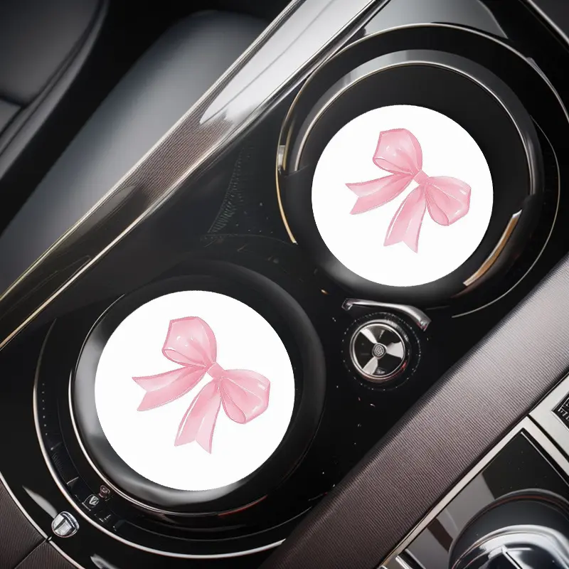 2pcs Pink Bow Pattern Vehicle-Mounted Cup Holder, Water Absorption Coasters, Non-Slip Car Interior Design Additions, Universal Cup Holder, Printing Position May Vary