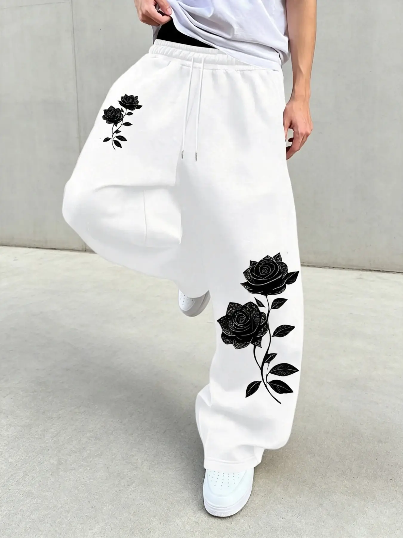 Men's Casual Loose-Fit Sports Pants, Rose Floral Print, Suitable for Spring & Fall, Outdoor and Home Wear