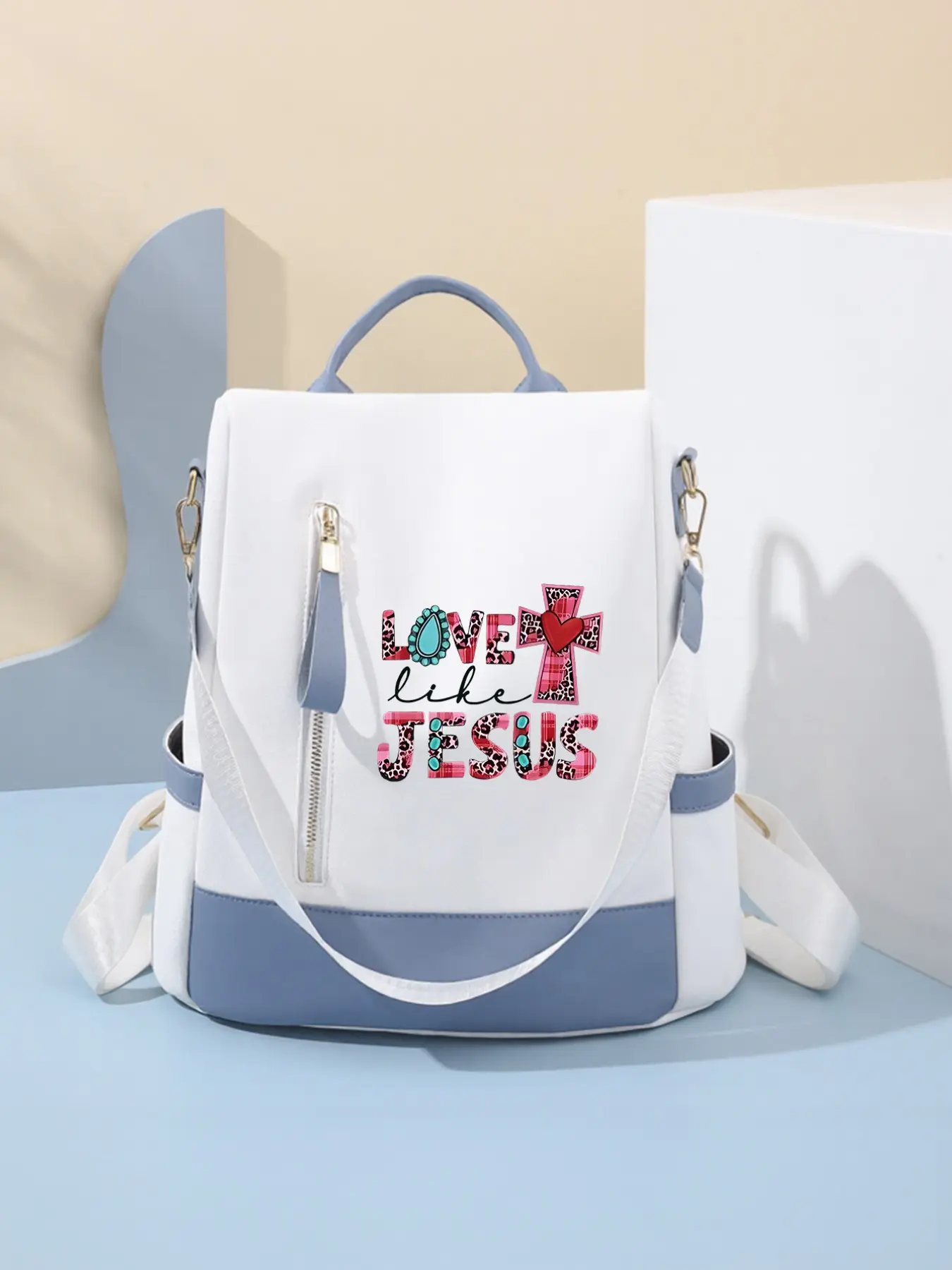 Love Like Jesus Cross Print Anti-Theft Backpack, Large Capacity Convertible Shoulder Bag, Trendy Western Bag for School Travel Shopping