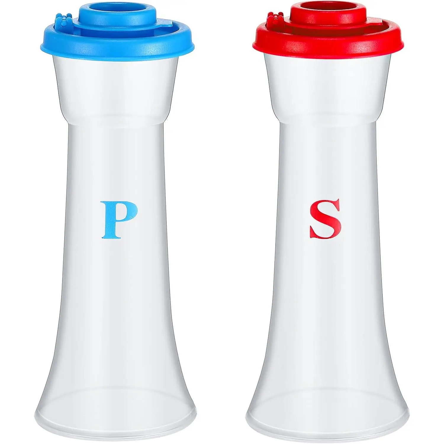 Baby-Friendly 2-Piece Plastic Salt & Pepper Shakers Set with Lids - Large Size, Tall Hourglass Shape, Vintage Spice Containers for Home Kitchen, Camping (Classic Blue, Red)