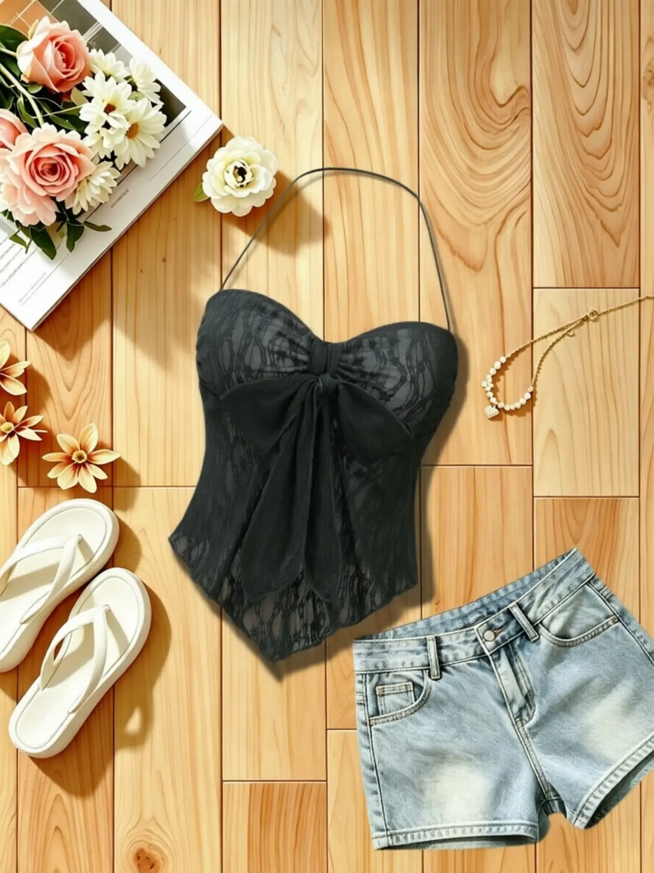 Sexy Lace Boho Sleeveless Halter Top for Women, Large Bow Front, Waist Cinch, Asymmetrical Hem, Beach Vacation Innerwear, Bold Casual Style Tank Top