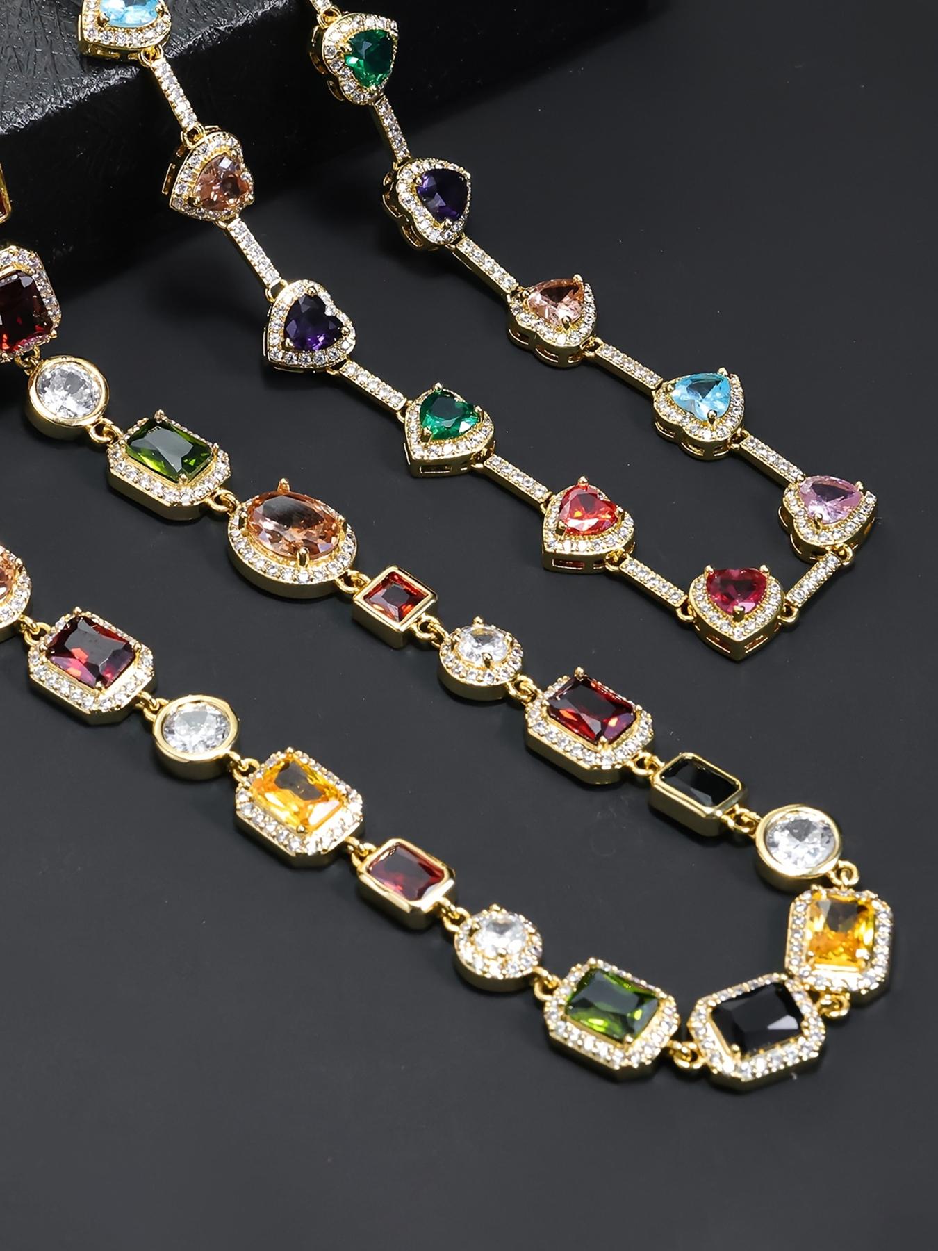 2PCS ICED CHICS Colorful Heart Necklace + Square necklace set, Iced Out Jewelry, hip-hop style, fashionable and avant-garde, set outfit, versatile style, shining multicolor synthetic zircon, the best choice as a gift