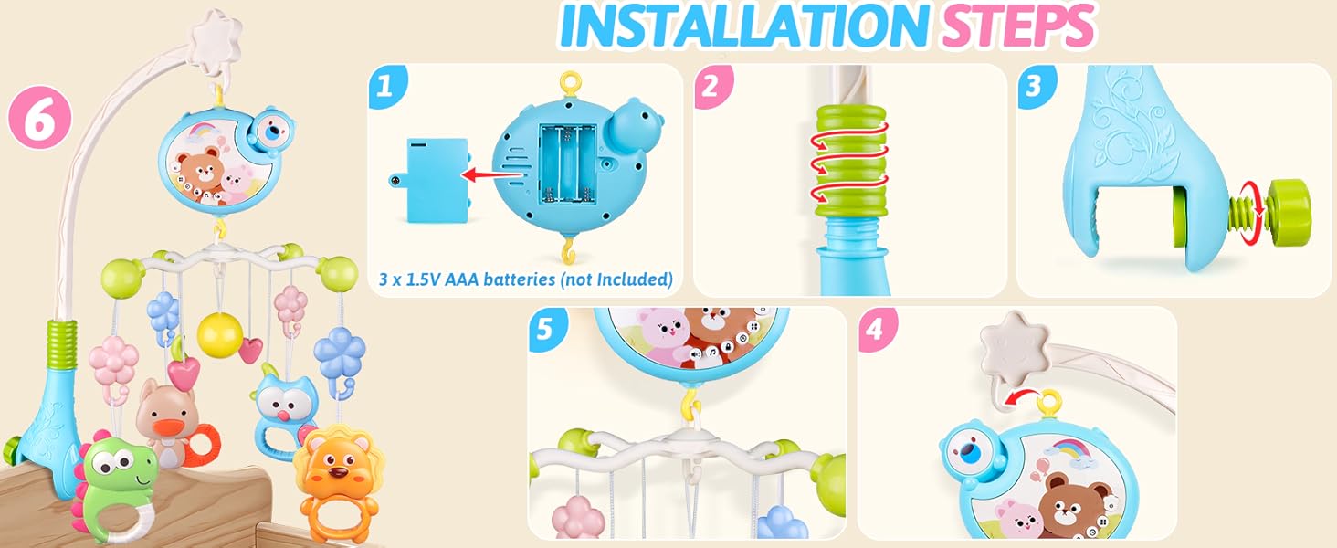 Crib Mobile with Music and Lights, Baby Mobiles for Cribs, Nursery Musical Mobile for Bassinets Toys Hanging Girls Boys, Pack and Play Space Portable Animal Mobile Hanger Arm Clip On Attachment