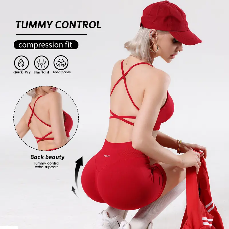 NBGRLVS Women's cross strap sports yoga set tummy control butt lifting shorts summer fitness workout outfit breathable quick dry active wear for gym running training