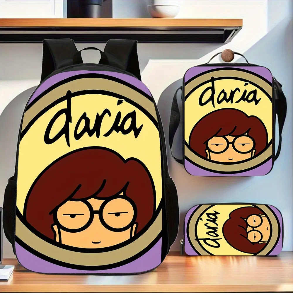 Daria oval-shaped frame light yellow interior with purple trim three-piece school bag set, including a backpack, insulated lunch bag, and pencil case, suitable for teenagers' daily school use