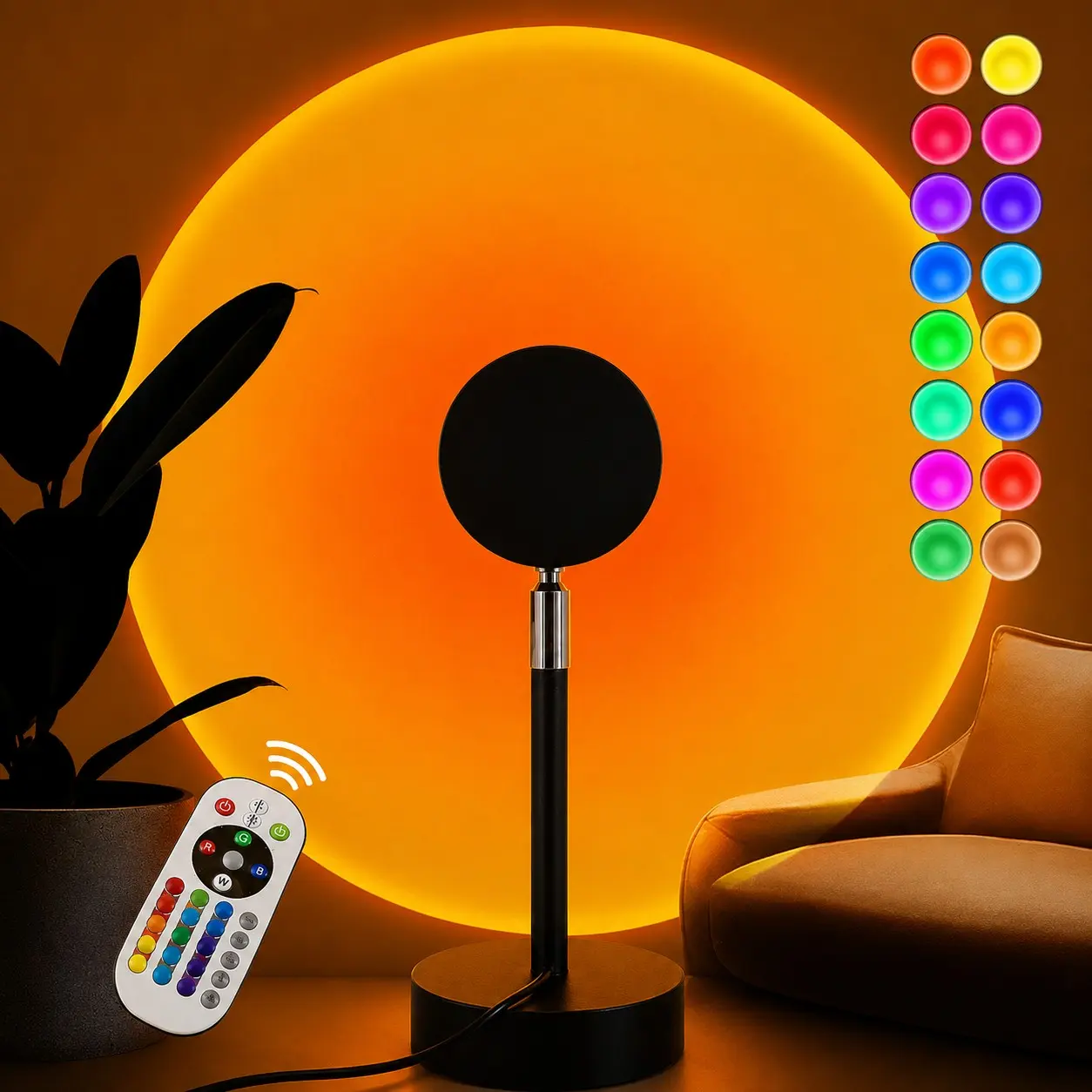 RGB Sunset Light Projector with Remote, 16 Color Changing Mood Lamp, 180° Adjustable LED Projection Light for Bedroom, Party, Live Streaming, Photo Studio & Home Decor