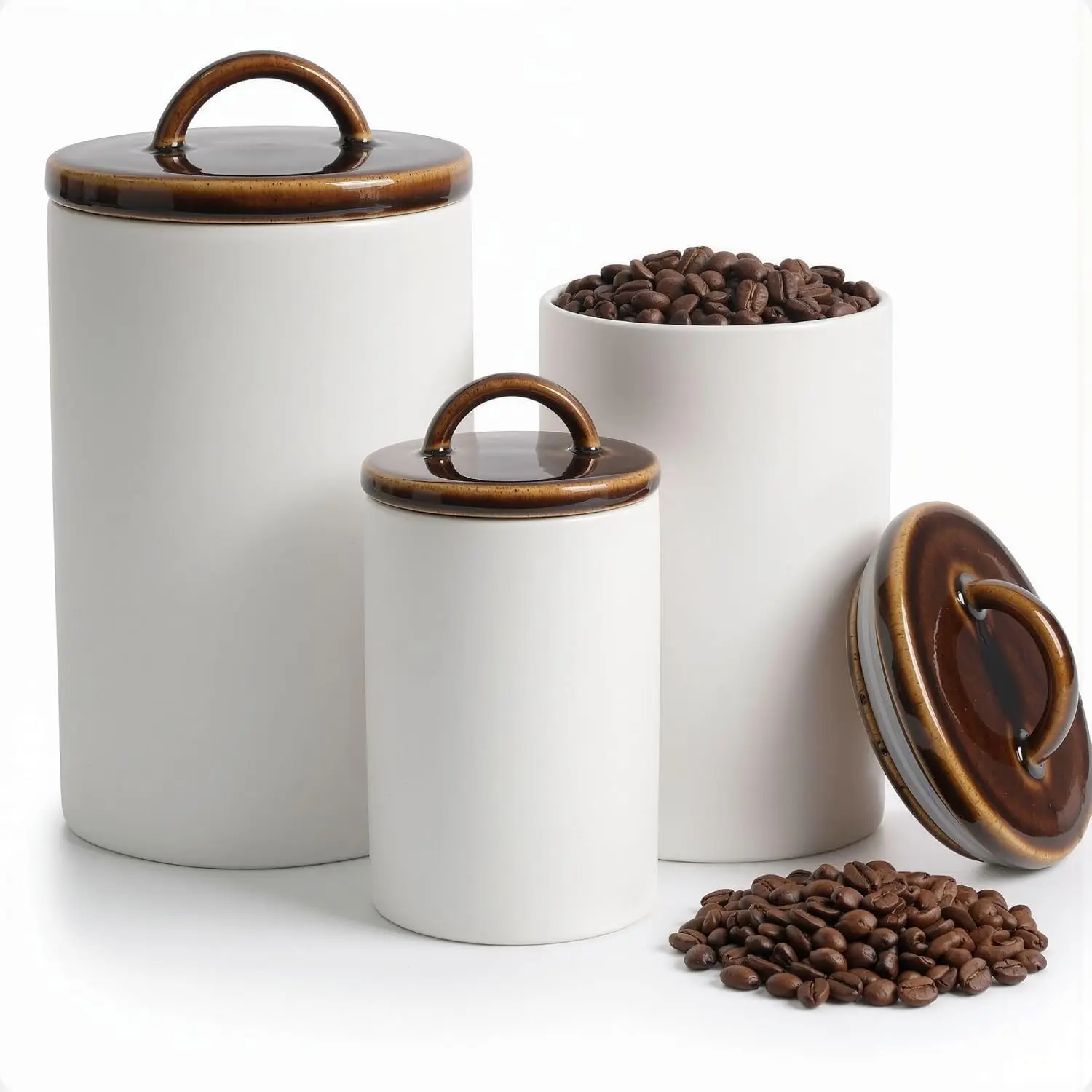 Ceramic Kitchen Canisters for Countertop Set of 3 w/ Airtight Ceramic  | Thick Sturdy Ceramic, Airtight Rubber-Lined , Comfortable Ceramic Handles, Jar Volumes: 2, 1, 0.5 quarts