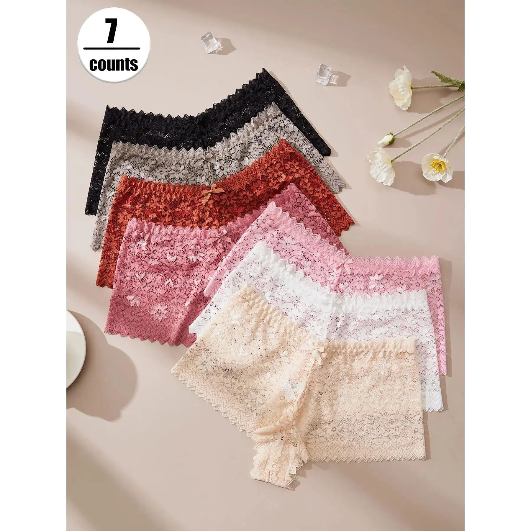 7 Pack Women's Floral Lace Briefs, Supportive Mid Waist Cutout Underwear, Soft Breathable Stretchy Multi-color Set