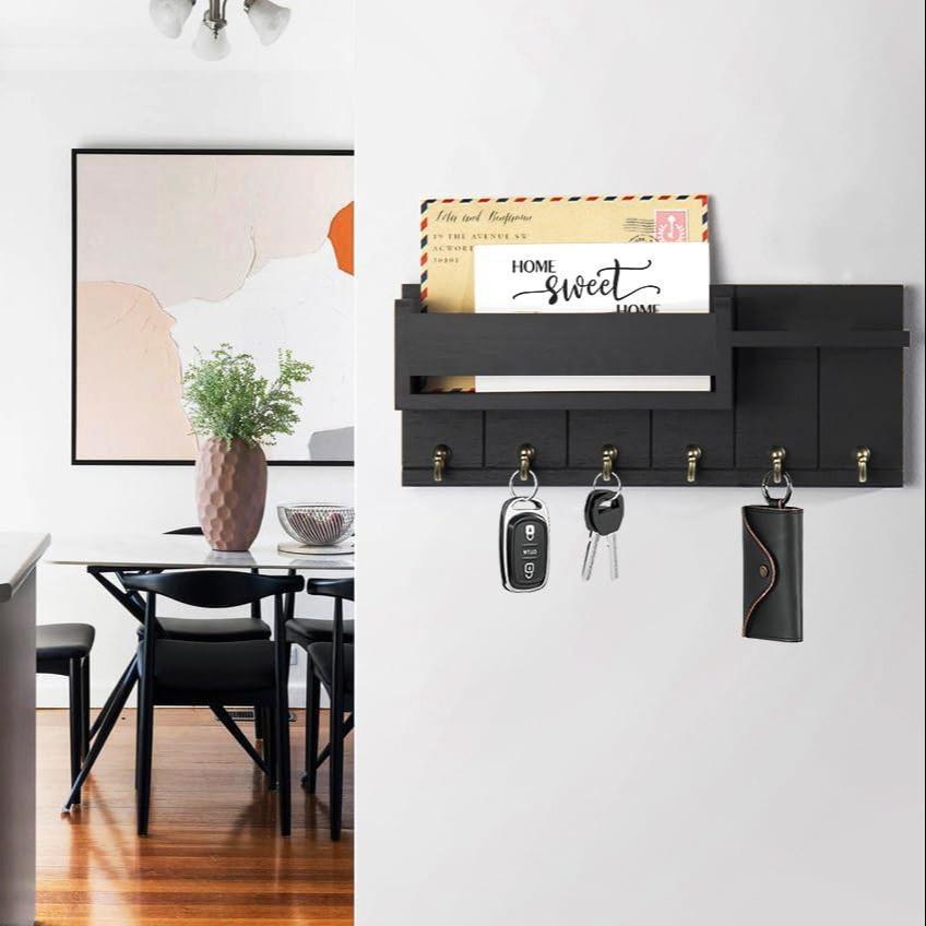 Wall-Mounted Key Organizer, Wooden Wall Shelf with 6 Key Hooks and Mail Sorter, Home Organizer for Entryway and Living Room