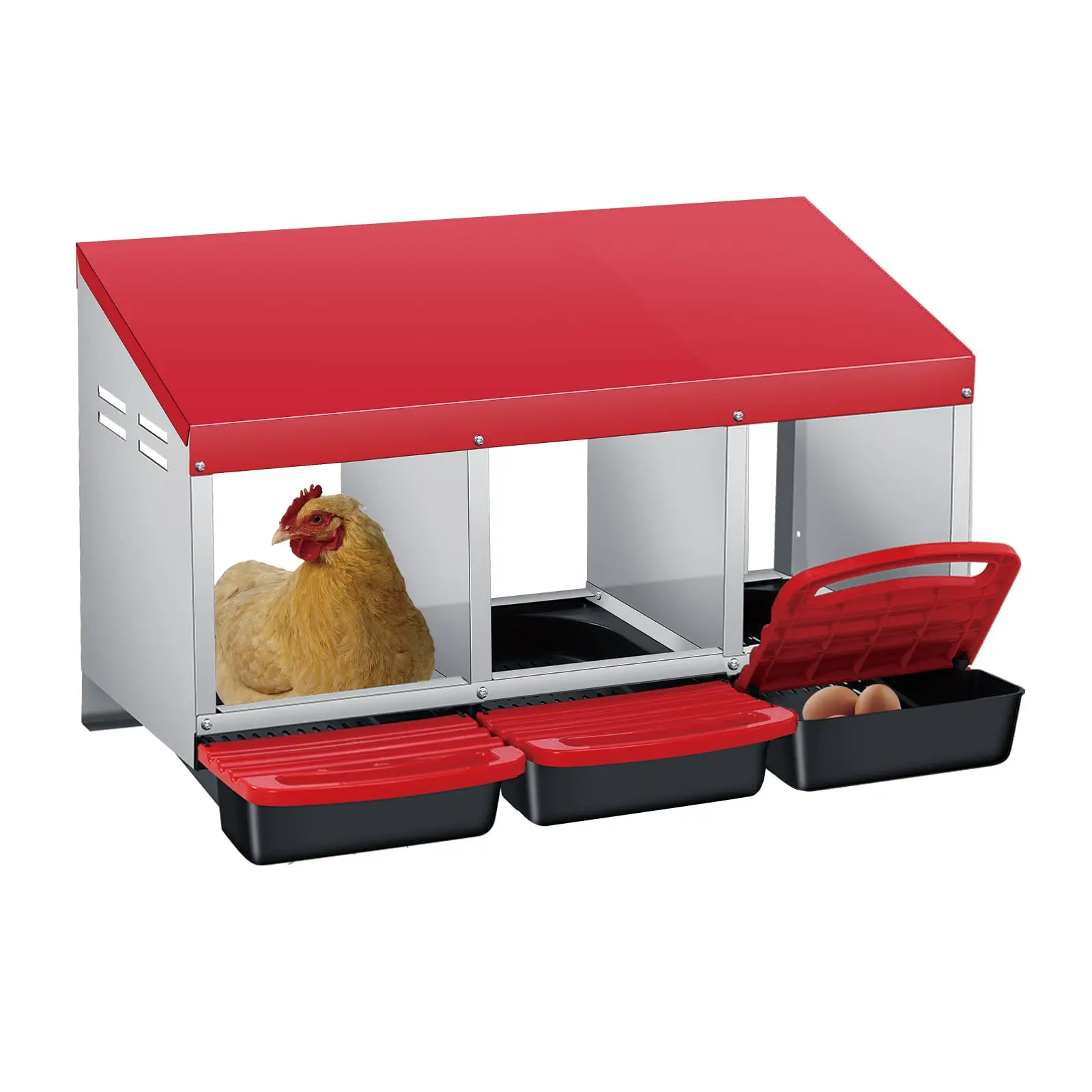 3-Hole Functional Roll Away Egg Collection Nest Box, Sturdy Galvanized Steel Chicken Laying Box for Poultry Coops, Poultry Supplies