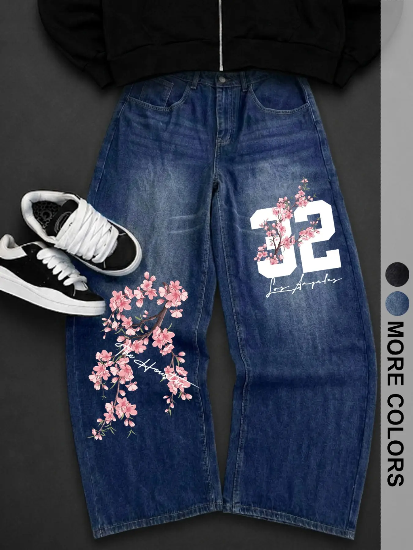American Men's Letter 23 Cherry Blossom Print Jeans, Cotton Vintage Washed High Waist Straight Leg Streetwear, Unisex Back-To-School Teacher's Day