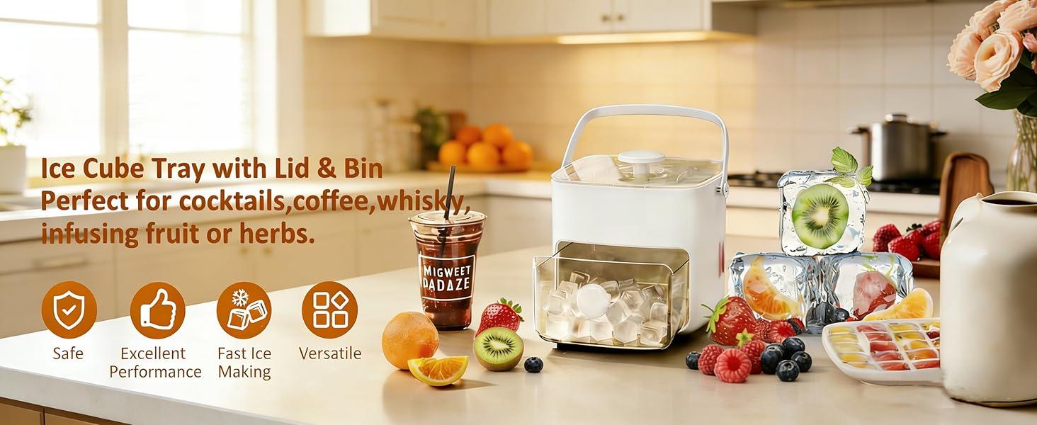 Plastic Ice Cube Trays with Bin and Scoop for Freezer, 2 Pack Easy-Release Sturdy Ice Tray with Lid, Stackable Ice Maker Set for Whiskey, Cocktails, Iced Coffee, BPA Free, White