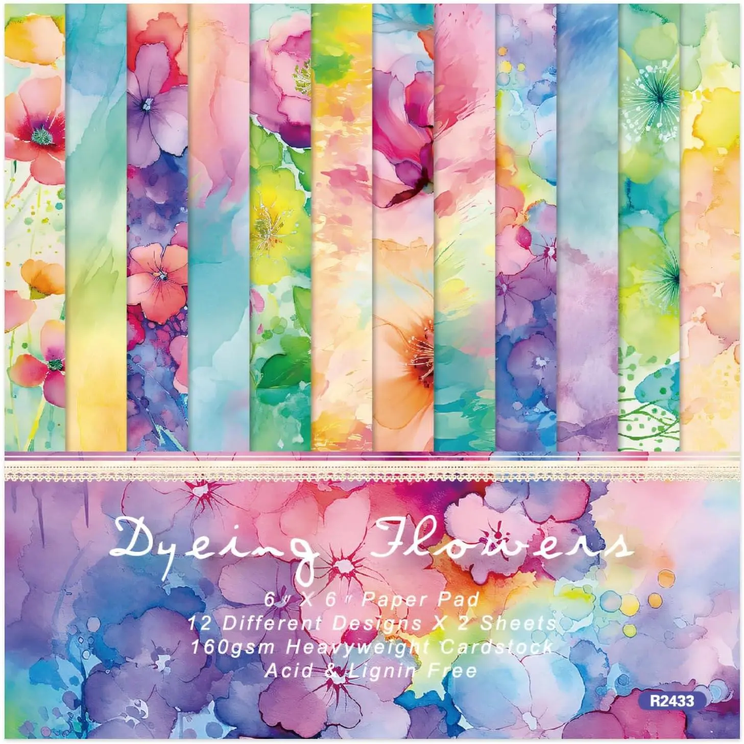 Floral Scrapbook Paper Pad - 24 Sheets 6x6 in Single-Sided Decoupage Patterned Paper Kit, 160gsm Cardstock for Junk Journaling, Scrapbooking, Crafting Supplies