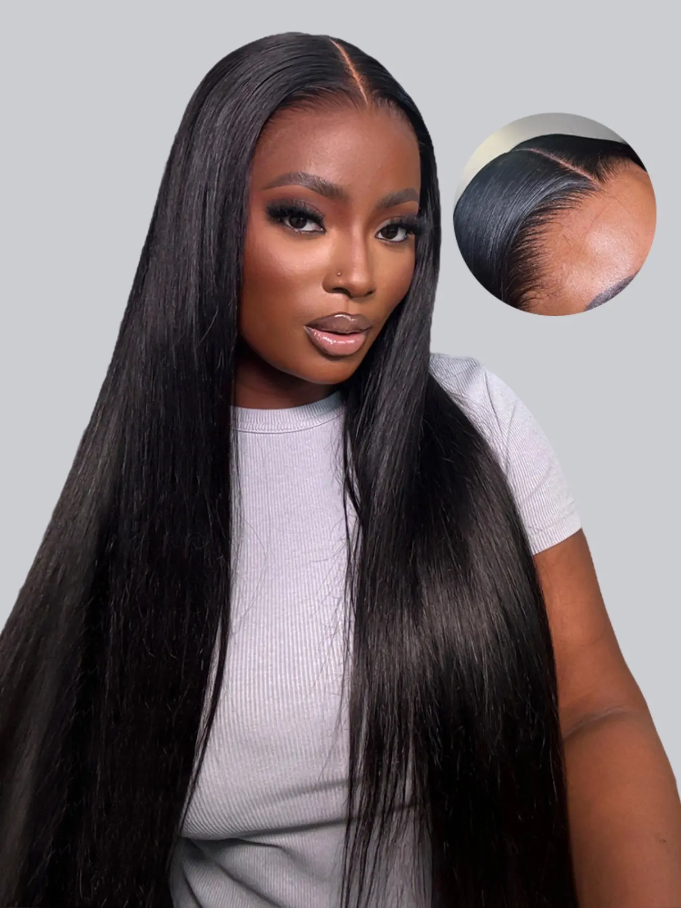 Glueless 4x4 Closure Lace Synthetic Wig, 28‑inch Straight Black Pre‑Cut Ready‑to‑Go Wig, Pre‑plucked with Natural Hairline for Women, Daily Wear