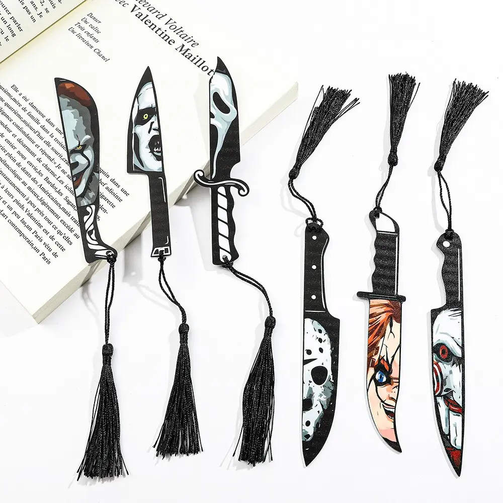 Halloween Horror Bookmark, Ghost Face Design, Knife Shape Acrylic Tassel Bookmark, Reading Marker, Spooky Pattern, 1 Piece, Book Markers For Reading