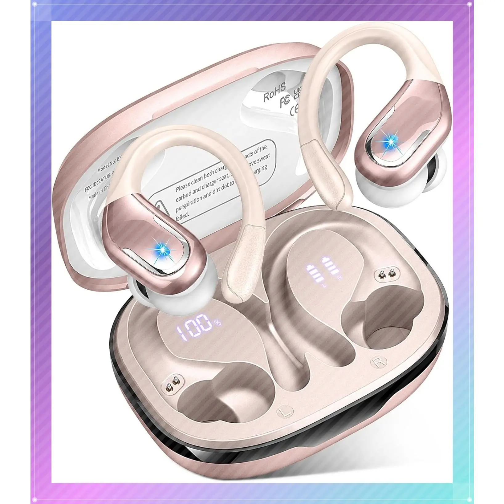 Wireless Earbuds, 75H Battery Life, Bluetooth 5.4 Sport Headphones, IP7 Waterproof, ENC Noise Canceling Mic, 3D Bass, Earhooks for Running Workout Gym Android iOS - RosegoldGift