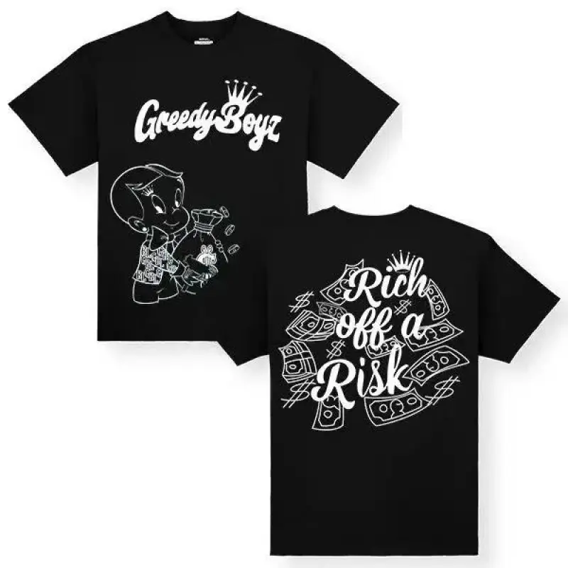 GreedyBoyz T-shirt - Casual n Unisex Short Sleeve T-shirt with "Rich off a Risk" Design - Machine Washable - All Seasons - Classic StyleNovelty Graphic T Shirt fun tshirt Undershirts Tees Casual Streetwear Classic Plain Men's Women Moisture