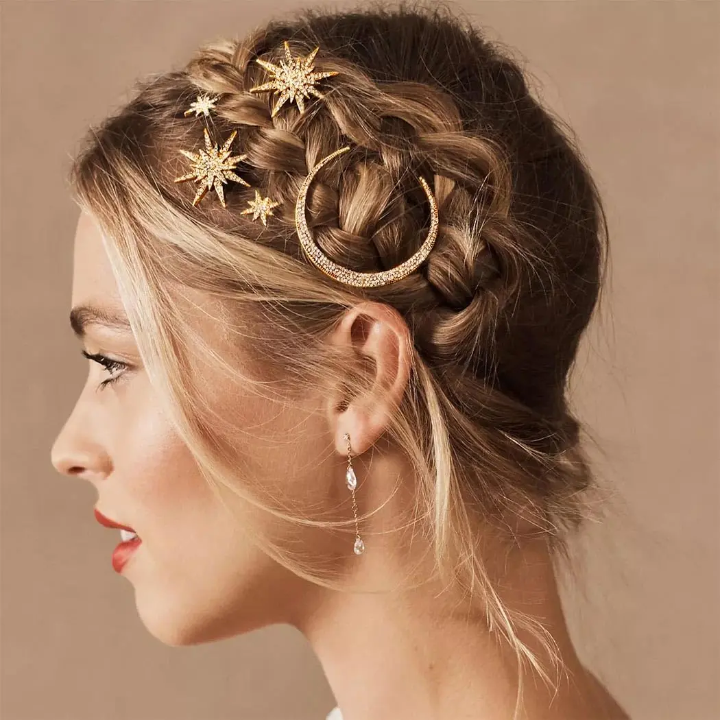 Moon Star Hair Clips Gold Stars Hair pins Crystal Celestial Hair Accessories for Women and Girls (Pack of 3)