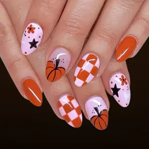 Short Ballerina Nails, Textured Finish, 24-Piece DIY False Nails, Pumpkin Design, Perfect for Women and Girls, All Seasons