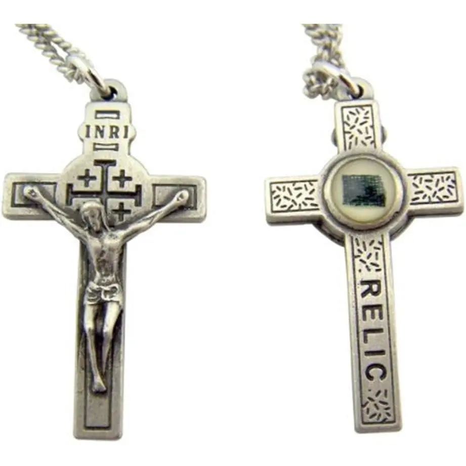 Pewter Jerusalem Cross Pendant, 1.5 Inch Crucifix Shape Necklace with 3rd Class Relic and 20 Inch Chain, Synthetic Pewter, Third Class Relic, Sacred Gift, 1.5" Size, Contains Relic