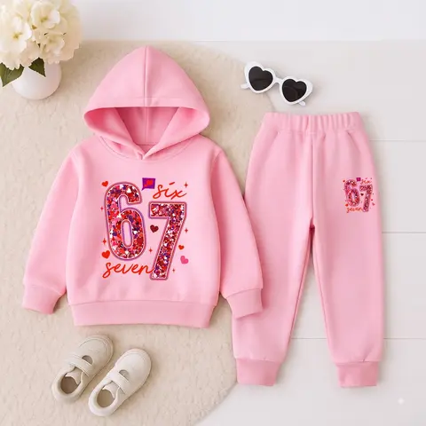 Kids’ Unisex Cute 67 Heart Bow Graphic Hoodie and Jogger Set, Fleece-Lined 2-Piece Tracksuit for Boys and Girls, Trendy Fall Winter Streetwear Outfit, Casual Indoor & Outdoor Wear