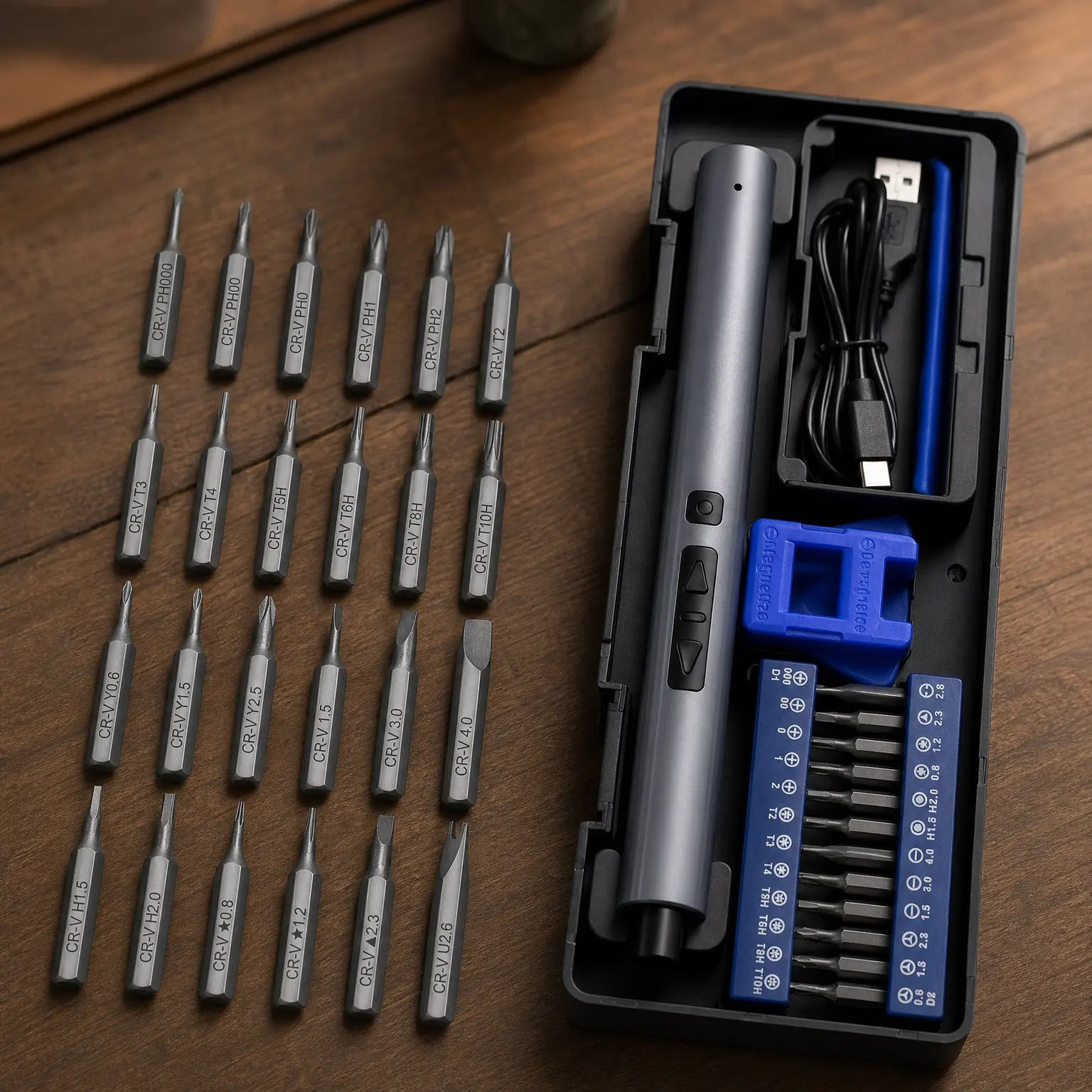 29-in-1 Mini Electric Screwdriver with 24 Magnetic Bits, 3 LED Lights, USB-C Charging, Precision Cordless Repair Tool for Phone, Camera, Laptop, Watch, PC (Blue)