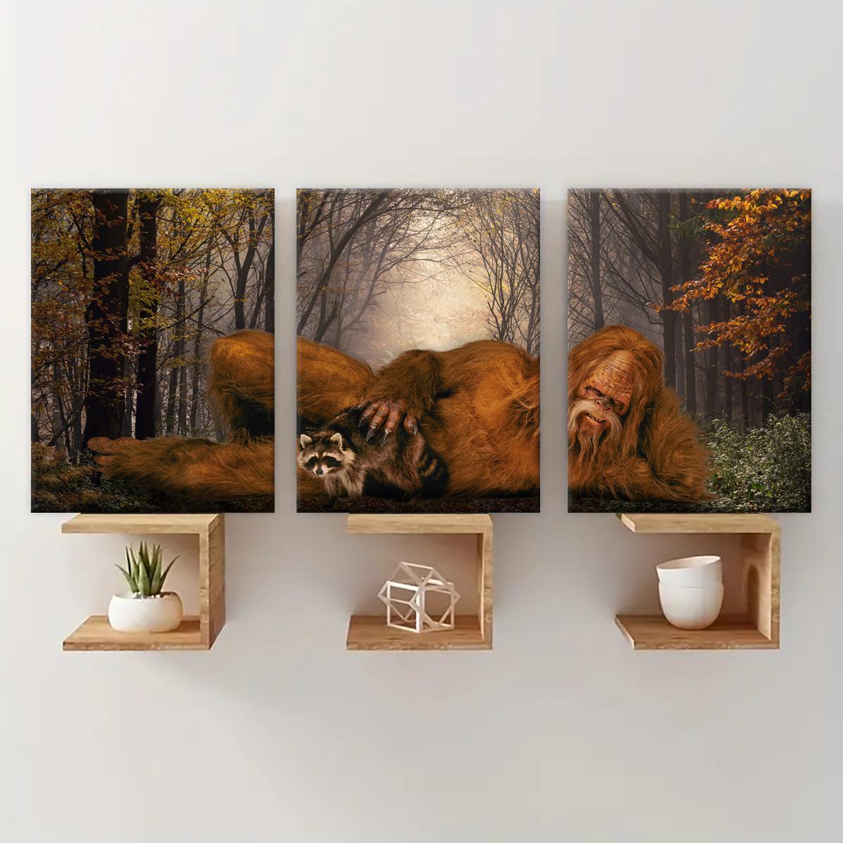 Wooden Framed Canvas Painting, 3 Counts/set Sasquatch & Animal & Tree Pattern Wall Art, Modern Wall Decor for Home Living Room Bedroom Office, Modern Home Decoration