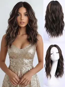 Mocha Golden Gradient 16In Medium Wavy Wig With Ombre Blonde Highlights All Season Daily Hair Wig