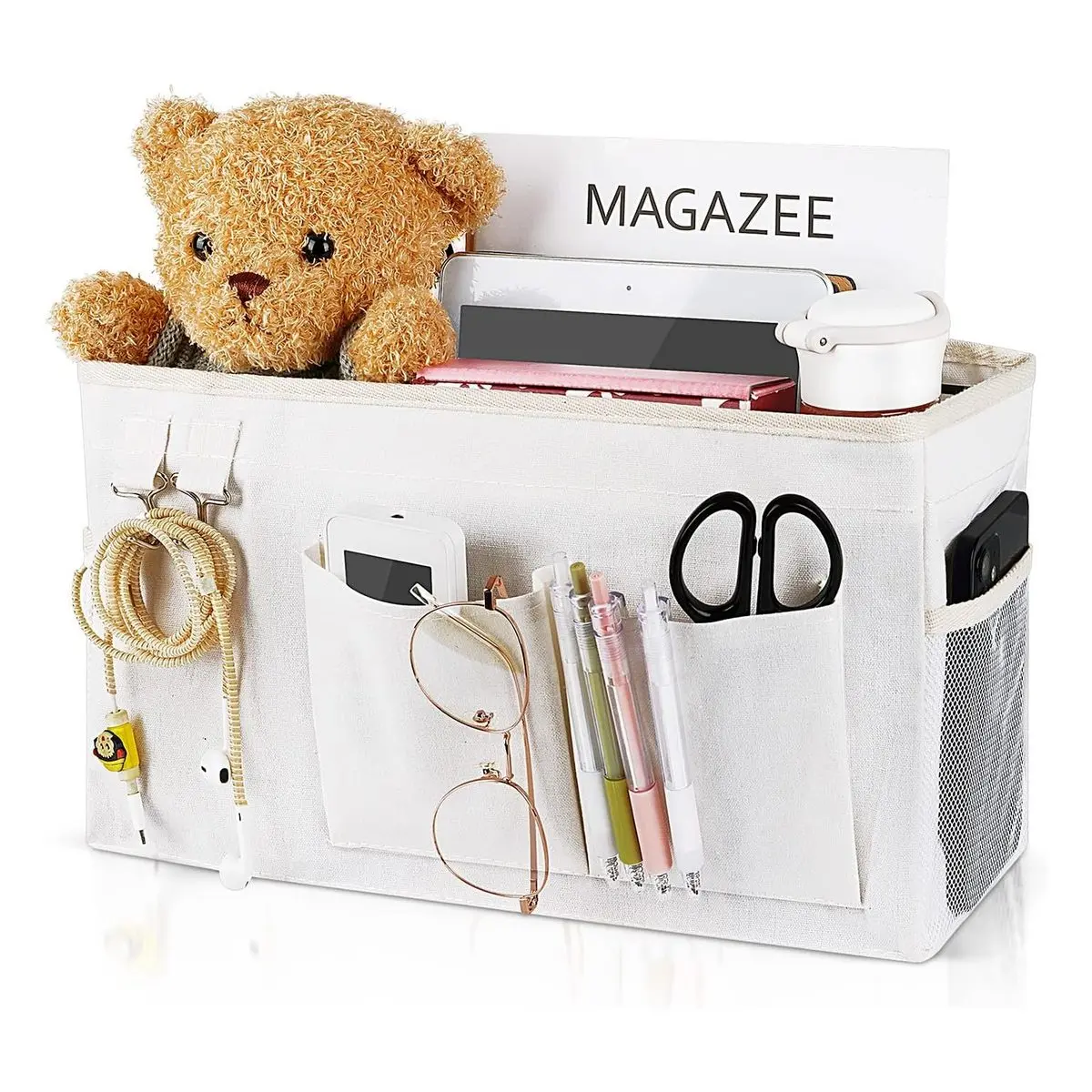 Cotton Multifunctional Hanging Bedside Organizer Caddy - 14.17x4.72x7.87in (36x12x20cm), Metal Load-Bearing Easy-Install Storage Bag with Magazine, Water Bottle, Phone Holders, Attaches to Headboard for Bunk Beds